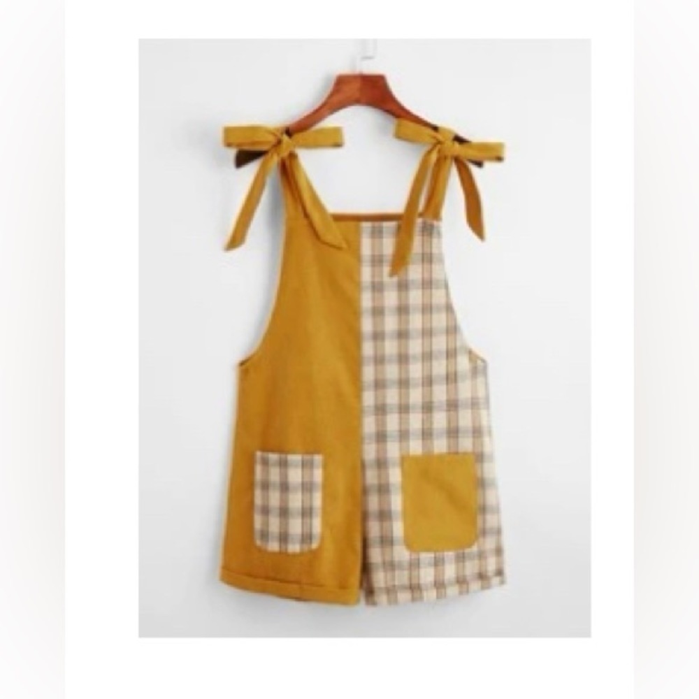 NWOT SHEIN Plaid Color bock Tie Shoulder Corduroy Overall Romper